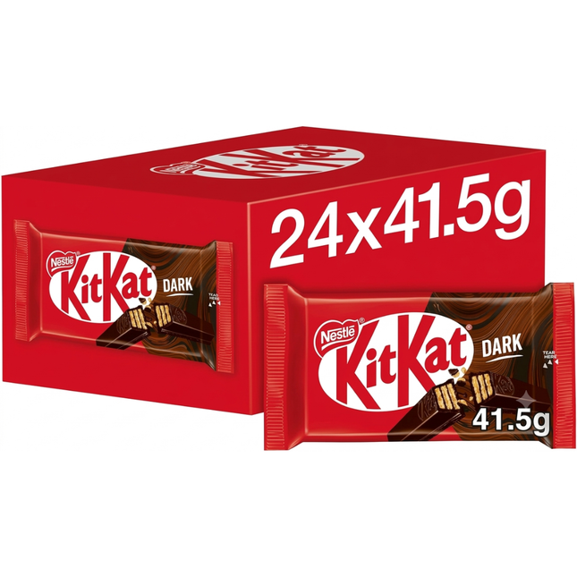 KitKat 4 Finger Dark Chocolate Bars in a wholesale case of 24 individually wrapped 41.5g bars