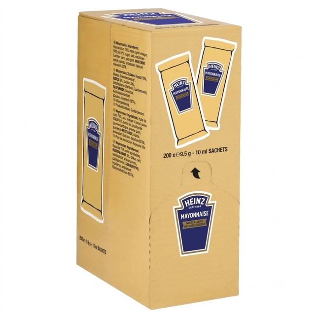 Heinz Mayonnaise Sachets wholesale catering pack containing 200 individual 10ml portions.