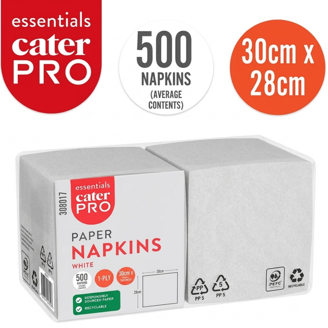 CaterPro Essentials white 1-ply paper napkins 500 pack, measuring 30 x 28cm, for catering and hospitality use.