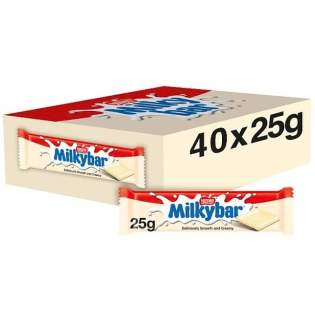 Nestlé Milkybar White Chocolate Bars in a wholesale case of 40 individually wrapped 25g bars