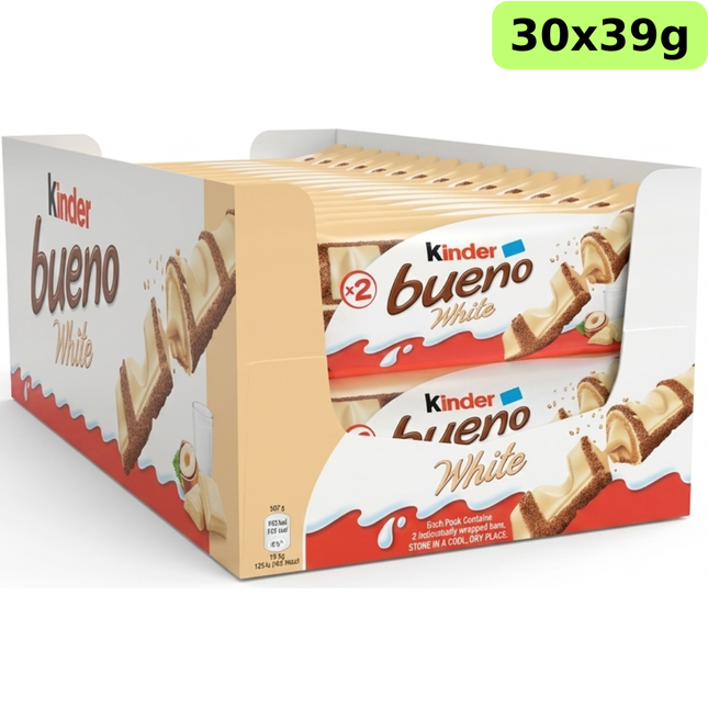 Kinder Bueno White Chocolate and Hazelnut Wafer Snack Bars 39g in a wholesale case of 30 packs
