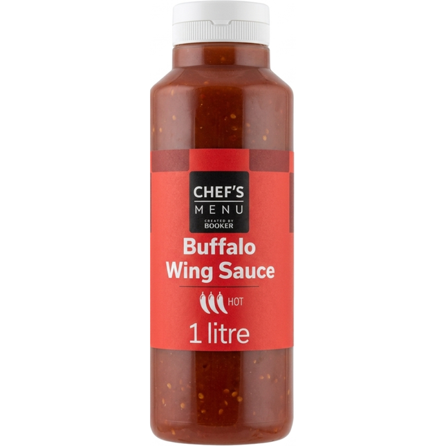 Chef's Menu Buffalo Wing Sauce 1 litre bottle of spicy buffalo-style sauce for wholesale catering and foodservice.