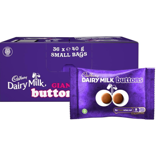 Cadbury Dairy Milk Buttons 40g bags containing bite-sized milk chocolate pieces, supplied in a wholesale case of 36