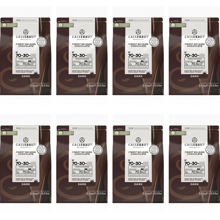 Callebaut Recipe 70-30-38 dark chocolate callets wholesale case containing 8 bags of 2.5kg, 20kg total.