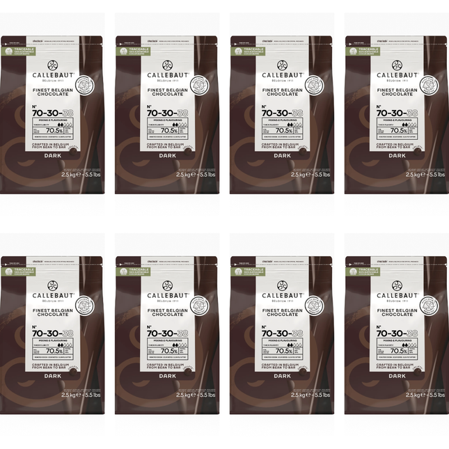Callebaut Recipe 70-30-38 dark chocolate callets wholesale case containing 8 bags of 2.5kg, 20kg total.