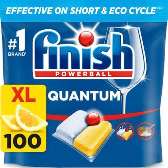 Finish Quantum All in One Lemon dishwasher tablets, pack of 100 tablets for powerful dishwashing and sparkling results
