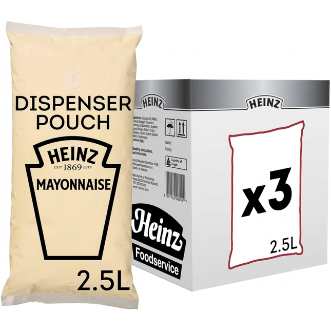 Heinz Mayonnaise Dispenser Pouch wholesale case containing 3 x 2.5 litre pouches for catering and professional foodservice.