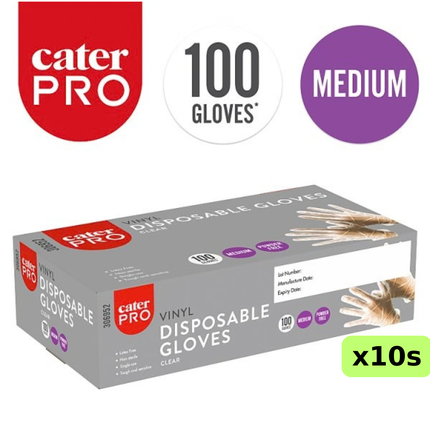 CaterPro Medium clear vinyl disposable gloves, wholesale case of 10 packs containing 100 gloves each