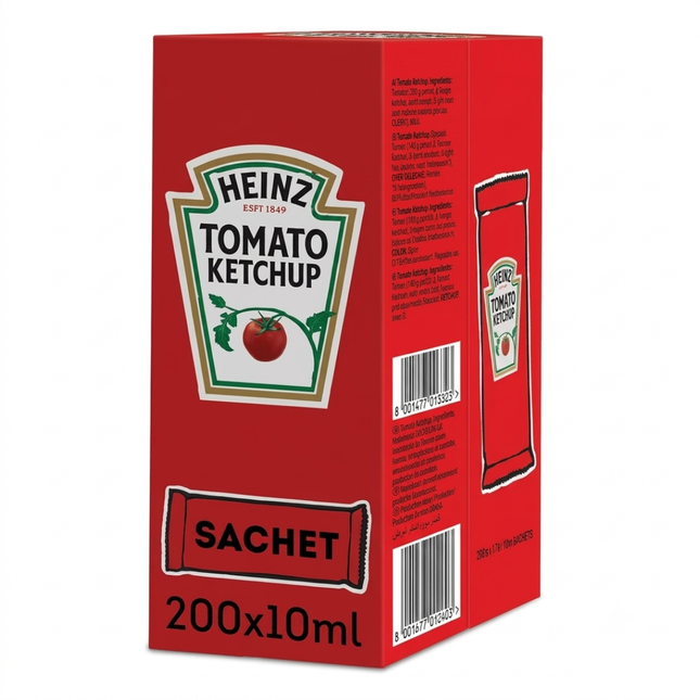 Heinz Tomato Ketchup Sachets wholesale catering pack containing 200 individual 11g portions.