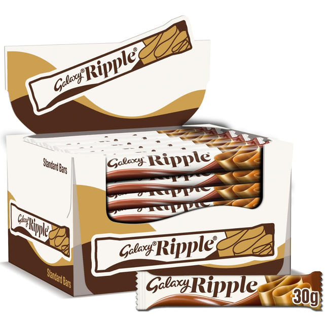 Galaxy Ripple milk chocolate bars in a wholesale case of 36 individually wrapped 30g bars