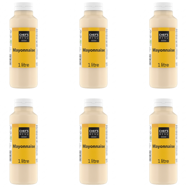 Chef's Menu Mayonnaise wholesale case containing 6 x 1 litre bottles of creamy mayonnaise for catering and foodservice.