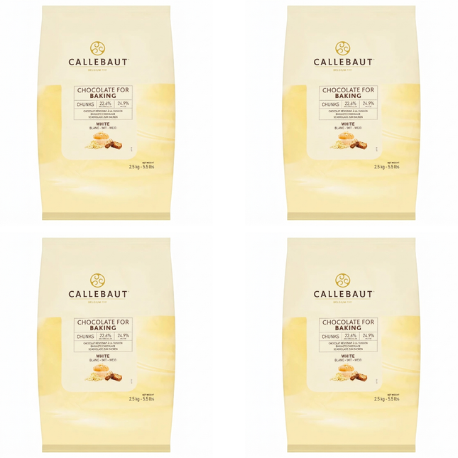 Callebaut white chocolate baking chunks wholesale case containing 4 bags of 2.5kg, 10kg total.