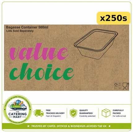 250 x 500ml Value Choice bagasse street food containers for takeaway meals and wholesale catering