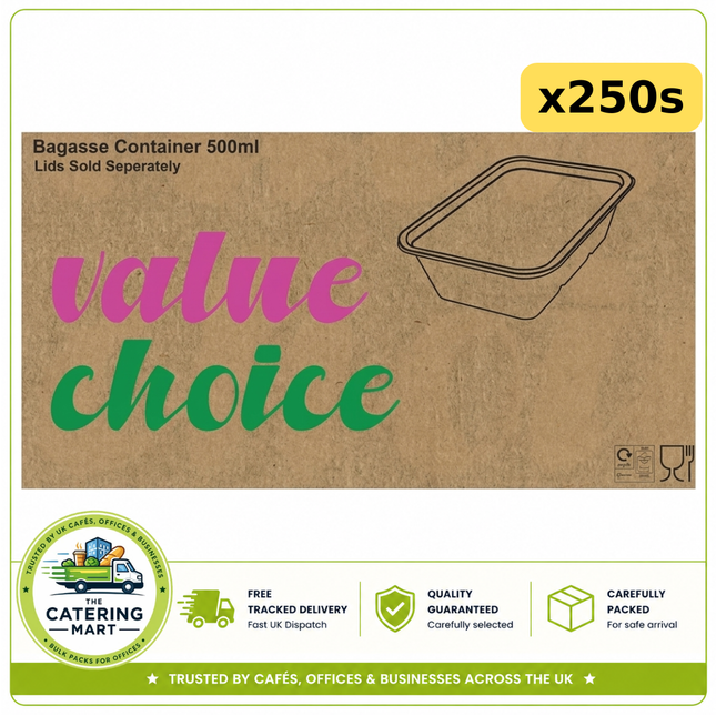 250 x 500ml Value Choice bagasse street food containers for takeaway meals and wholesale catering