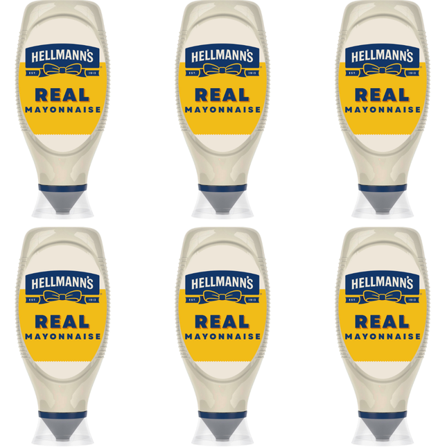Hellmann's Real Squeezy Mayonnaise wholesale case containing 6 x 750ml bottles for catering and foodservice.