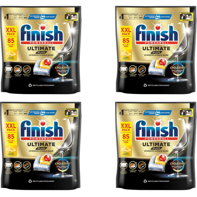 Finish Ultimate Plus All in One Lemon dishwasher tablets, wholesale case of 4 packs containing 85 tablets each