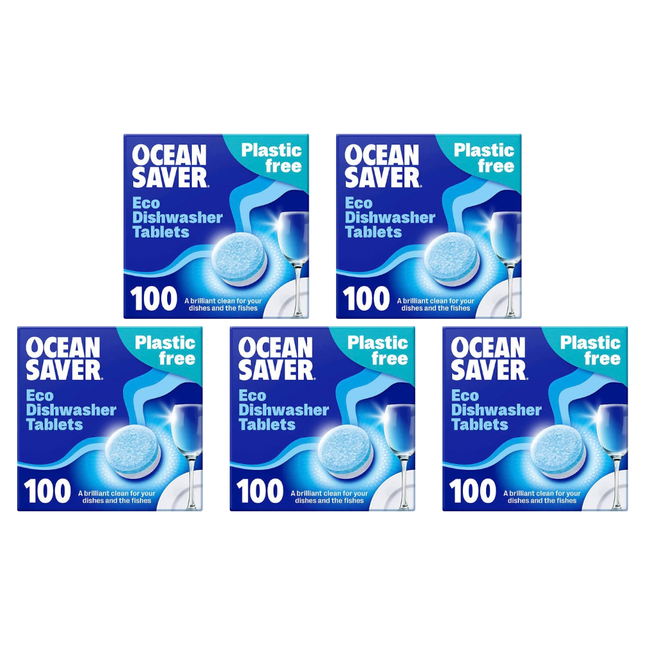 OceanSaver Plastic Free Eco Dishwasher Tablets, wholesale case of 5 packs containing 100 tablets each