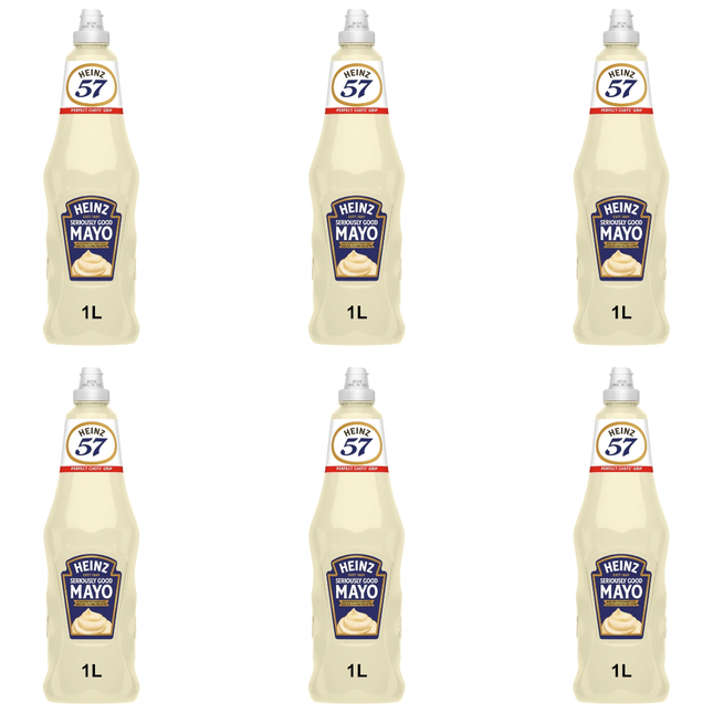 Heinz Mayonnaise Precision Squeeze foodservice wholesale case containing 6 x 1 litre bottles.