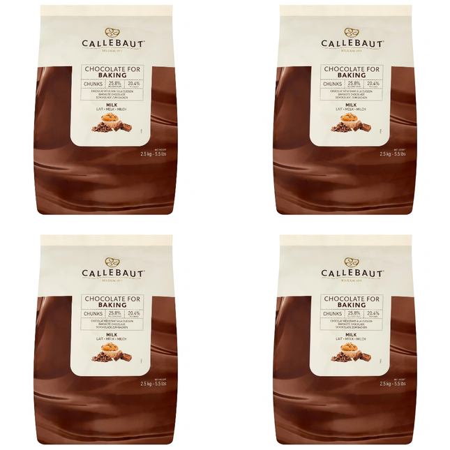 Callebaut milk chocolate baking chunks wholesale case containing 4 bags of 2.5kg, 10kg total.