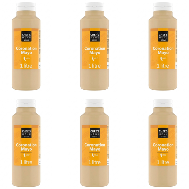 Chef's Menu Coronation Mayonnaise wholesale case containing 6 x 1-litre bottles for catering kitchens.