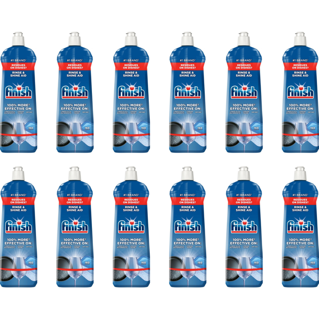 Finish Rinse Aid Fresh 800ml bottles supplied in a wholesale case of 12 for dishwasher drying and glassware care