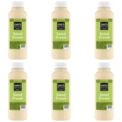 Chef's Menu Salad Cream wholesale case containing 6 x 1-litre bottles of creamy salad condiment.