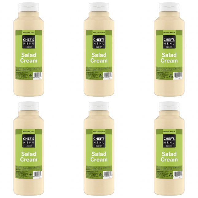 Chef's Menu Salad Cream wholesale case containing 6 x 1-litre bottles of creamy salad condiment.