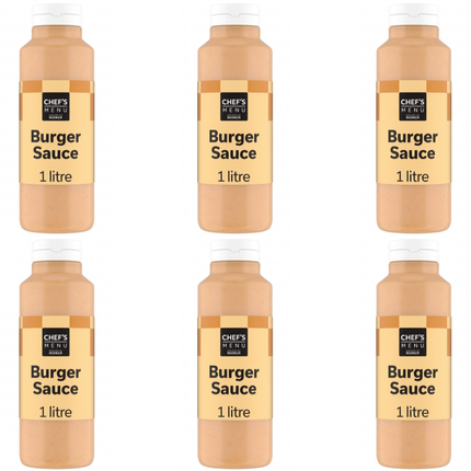 Chef's Menu Burger Sauce wholesale case containing 6 x 1 litre bottles of creamy burger sauce.