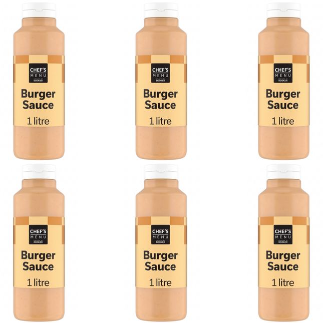 Chef's Menu Burger Sauce wholesale case containing 6 x 1 litre bottles of creamy burger sauce.