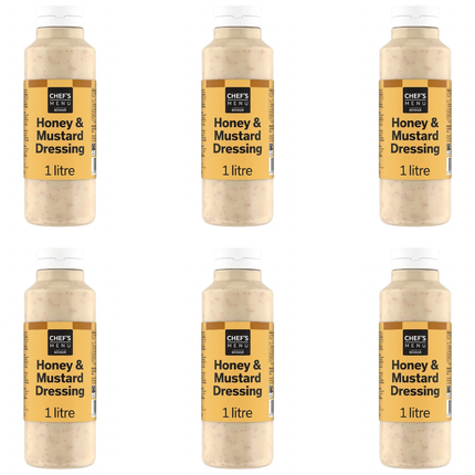 Chef's Menu Honey Mustard Dressing wholesale case containing 6 x 1-litre bottles for catering and foodservice kitchens.