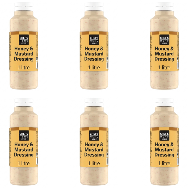 Chef's Menu Honey Mustard Dressing wholesale case containing 6 x 1-litre bottles for catering and foodservice kitchens.
