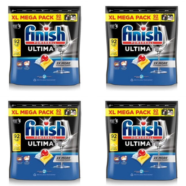 Finish Ultimate Lemon All in One dishwasher tablets, wholesale case of 4 packs containing 92 tablets each