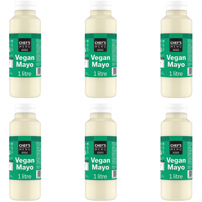 Chef's Menu Vegan Mayonnaise wholesale case containing 6 x 1 litre bottles of plant-based mayonnaise for catering and foodservice.