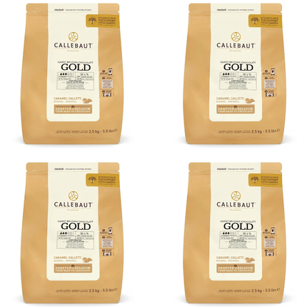 Callebaut Gold caramelised white chocolate callets wholesale case containing 4 bags of 2.5kg, 10kg total.