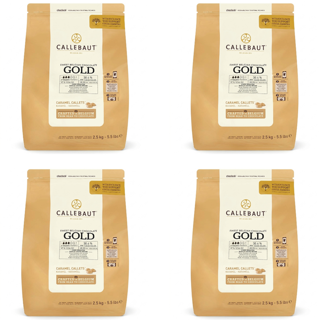 Callebaut Gold caramelised white chocolate callets wholesale case containing 4 bags of 2.5kg, 10kg total.