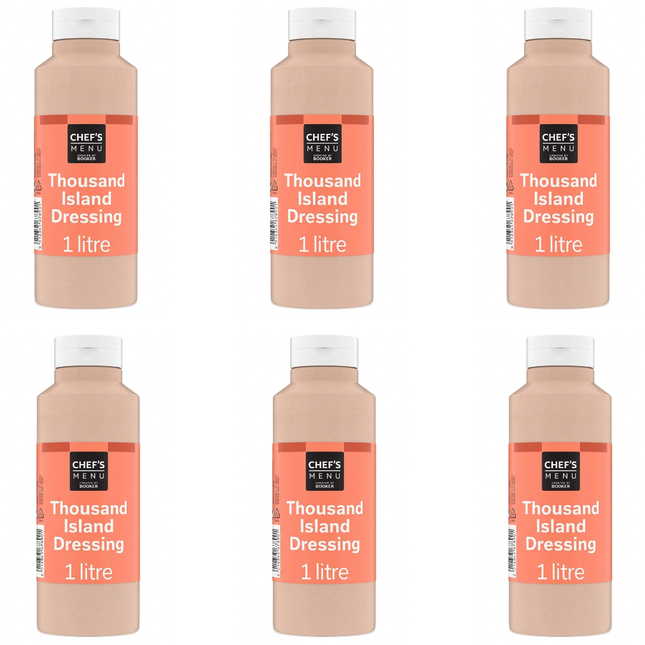 Chef's Menu Thousand Island Dressing wholesale case containing 6 x 1-litre bottles for catering and foodservice kitchens.