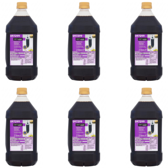 Chef's Larder Balsamic Vinegar of Modena wholesale case of 6 x 2-litre bottles, 12 litres total.