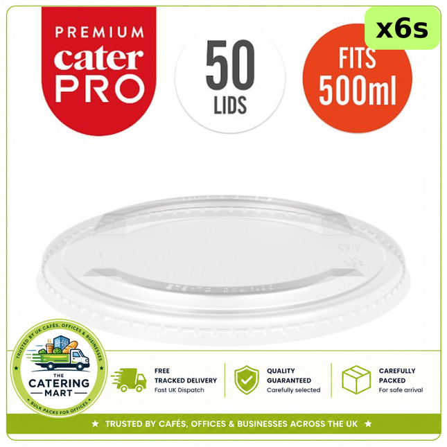 CaterPro Premium 6 x 50 clear PET lids for 500ml and 750ml street food bowls, 300 lids