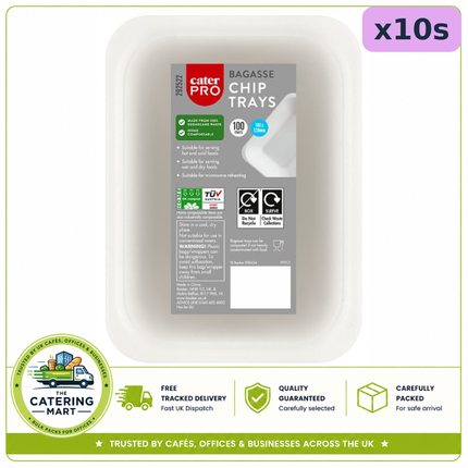 CaterPro 100 Bagasse Chip Trays wholesale case containing 10 packs of 100 sugarcane food trays
