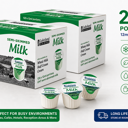 Lakeland Dairies UHT semi skimmed milk portions bulk pack containing 240 individual 12ml single serve milk pots for tea and coffee service
