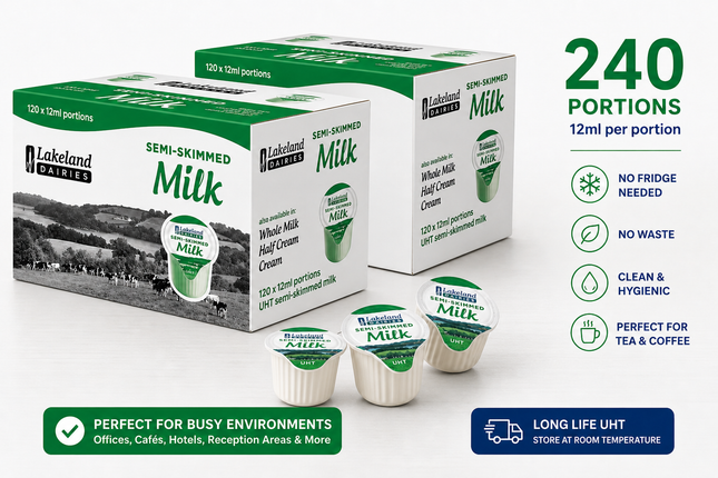 Lakeland Dairies UHT semi skimmed milk portions bulk pack containing 240 individual 12ml single serve milk pots for tea and coffee service