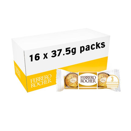 Ferrero Rocher 3 Piece Pack 37.5g Case of 16 | Milk Chocolate Hazelnut Pralines