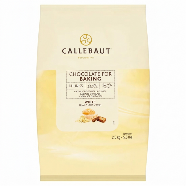 Callebaut White Chocolate Chunks 2.5kg individual bag of baking-stable white chocolate pieces.