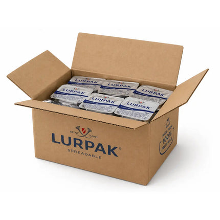 Lurpak slightly salted butter portions box containing 100 individual 8g mini butter packs for breakfast and hospitality use