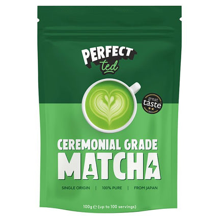 Green package of Perfect Ted ceremonial grade matcha on a white background