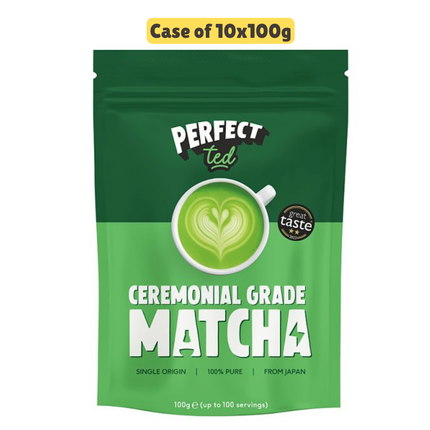 Green package of Perfect Tea Ceremonial Grade Matcha on a white background