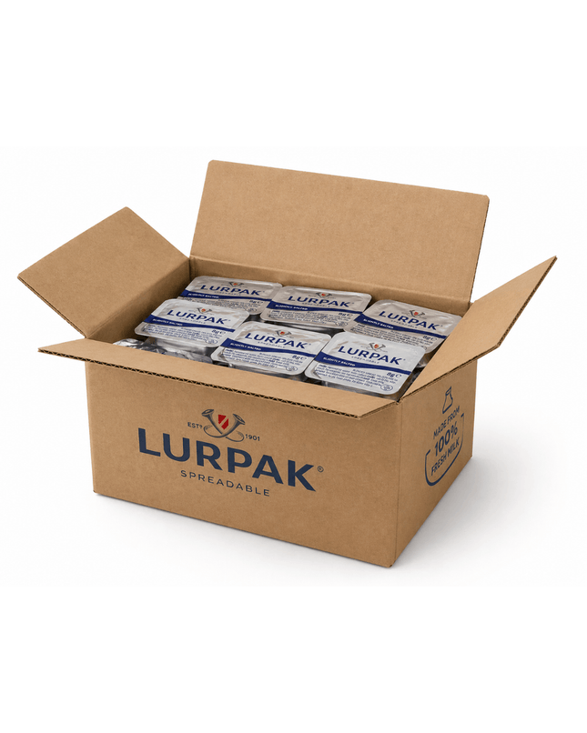 Lurpak slightly salted butter portions box containing 100 individual 8g mini butter packs for breakfast and hospitality use