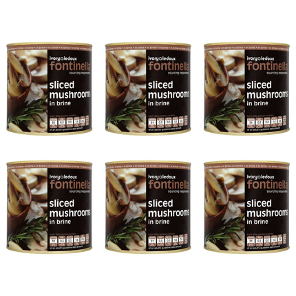 Fontinella Sliced Mushrooms in Brine wholesale case containing 6 x 2.55kg catering tins of ready sliced mushrooms