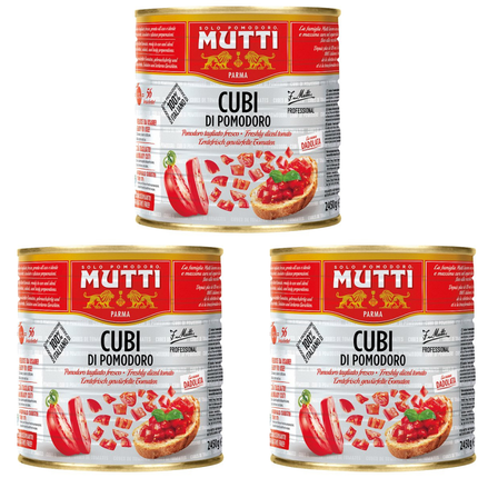 Mutti Tomato Cubes wholesale case containing 3 x 2.45kg catering tins of premium Italian diced tomatoes