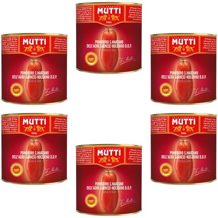 Mutti San Marzano Peeled Tomatoes P.D.O. wholesale case containing 6 x 2.5kg catering tins of authentic Italian whole peeled tomatoes